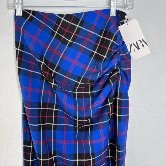 Zara Skirt Midi Women Medium Tartan Plaid Check Side Slit Ruched Blue Pencil Q - Picture 4 of 11